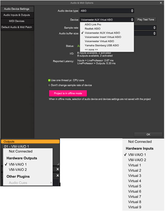 Audio Settings inside Live Professor 2