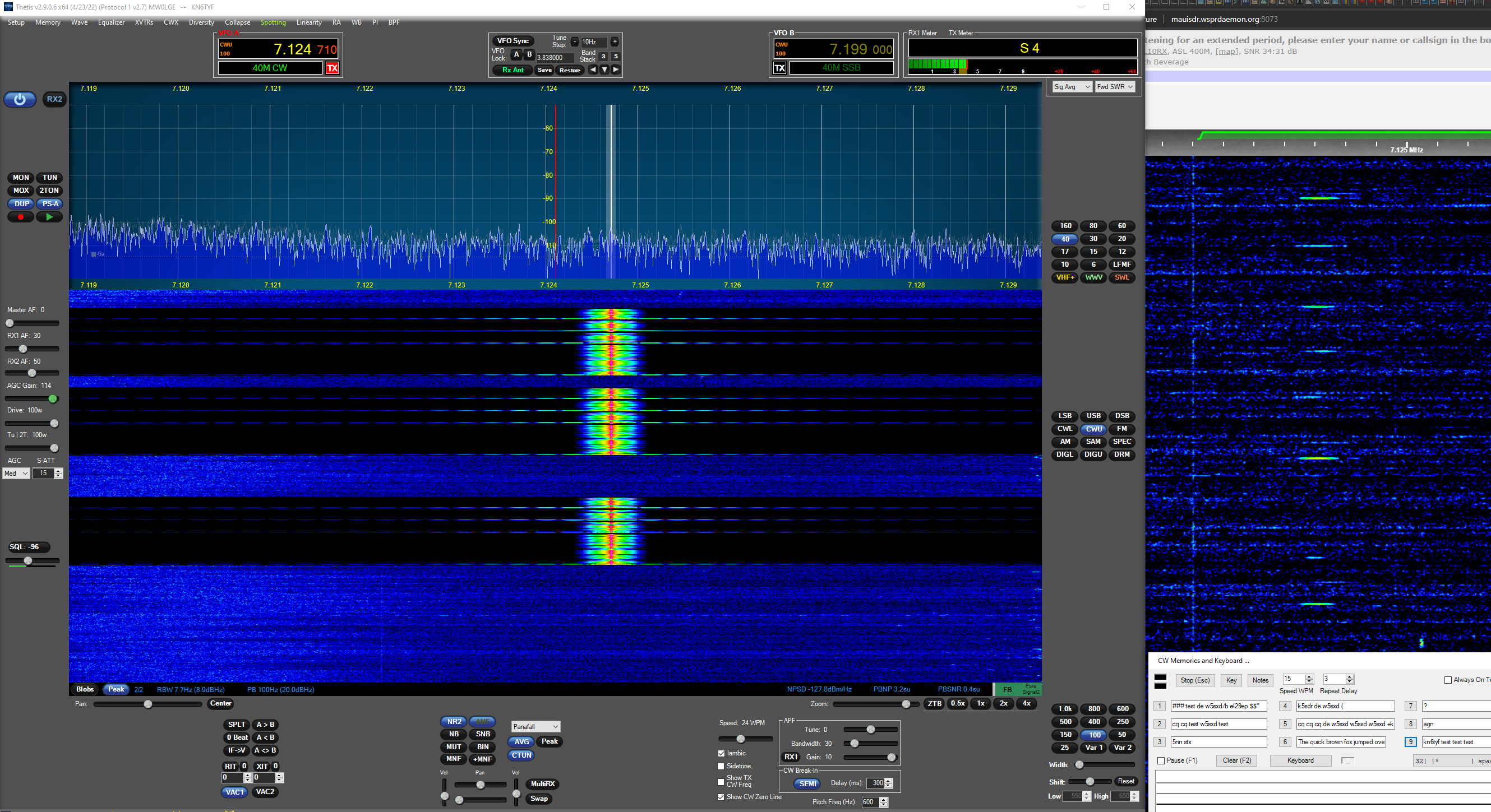 Thetis sending CW into the dummy load at 100w on ANT2. On the right, is a remote SDR 1000+ miles away. You can see the clicks that seem to be lining up with the blips shown on the DUP screen during xmit. These are coming out of ANT1 and register on my power meter.